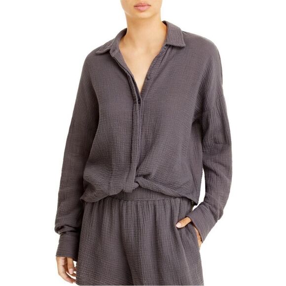 MONROW Gray Relaxed Gauze Button Down Shirt Long Sleeve Twist Front Size XS New - Picture 6 of 13